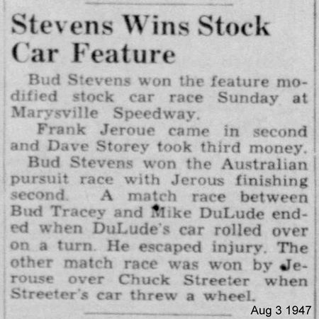 Marysville Race Track - August 3 1947 Marysville Results From Dave Dobner
